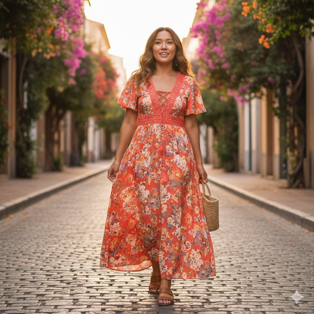Torrid Vibrant Floral Maxi Dress Coral Peach Lace-Up Challis Size 0‎ (Large)